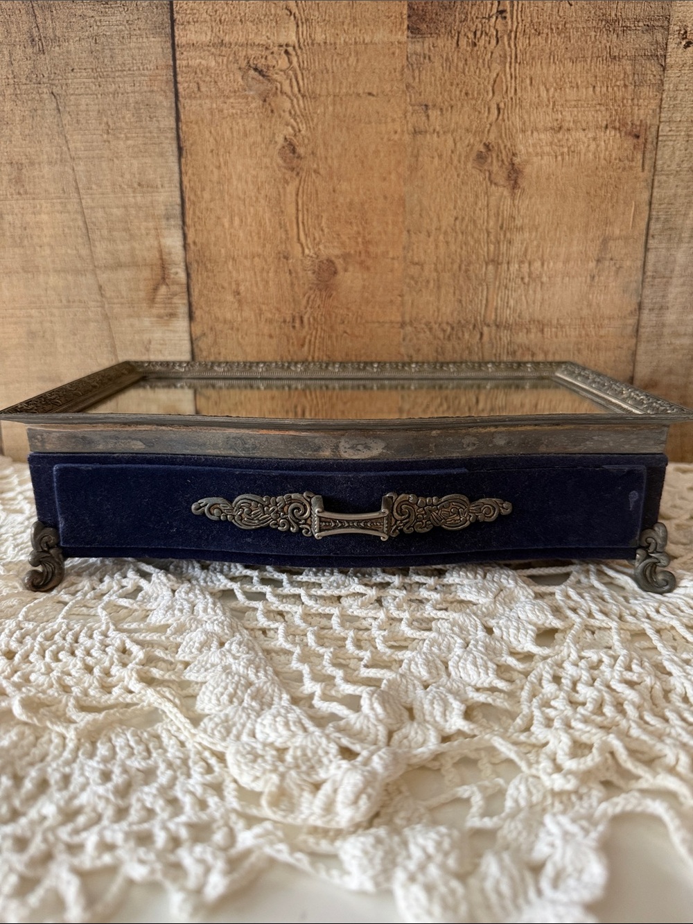 Vintage Velvet Jewelry Trinket Box with Mirrored Top - Navy